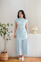 Yue Hua Tie Dye Floral Layered Cheongsam Maxi Dress in Green Blue