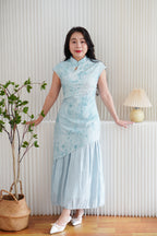 Yue Hua Tie Dye Floral Layered Cheongsam Maxi Dress in Green Blue