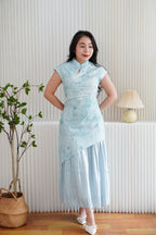 Yue Hua Tie Dye Floral Layered Cheongsam Maxi Dress in Green Blue