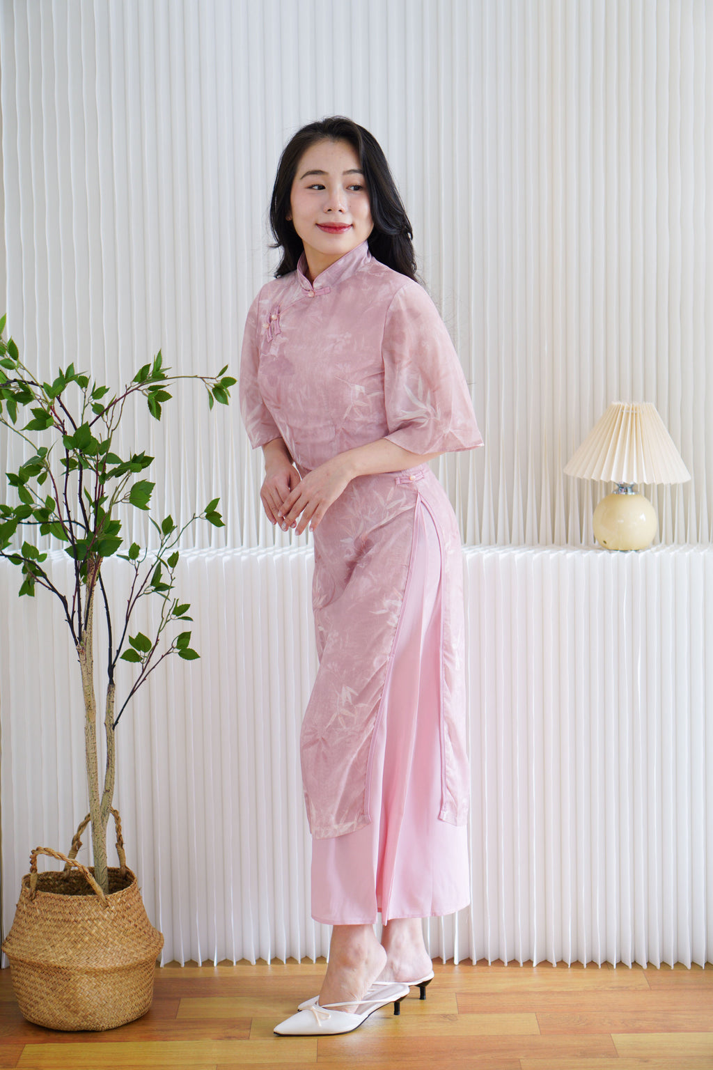 Rui Zhen Mid Sleeves Floral Layered Cheongsam Dress in Pink