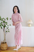 Rui Zhen Mid Sleeves Floral Layered Cheongsam Dress in Pink