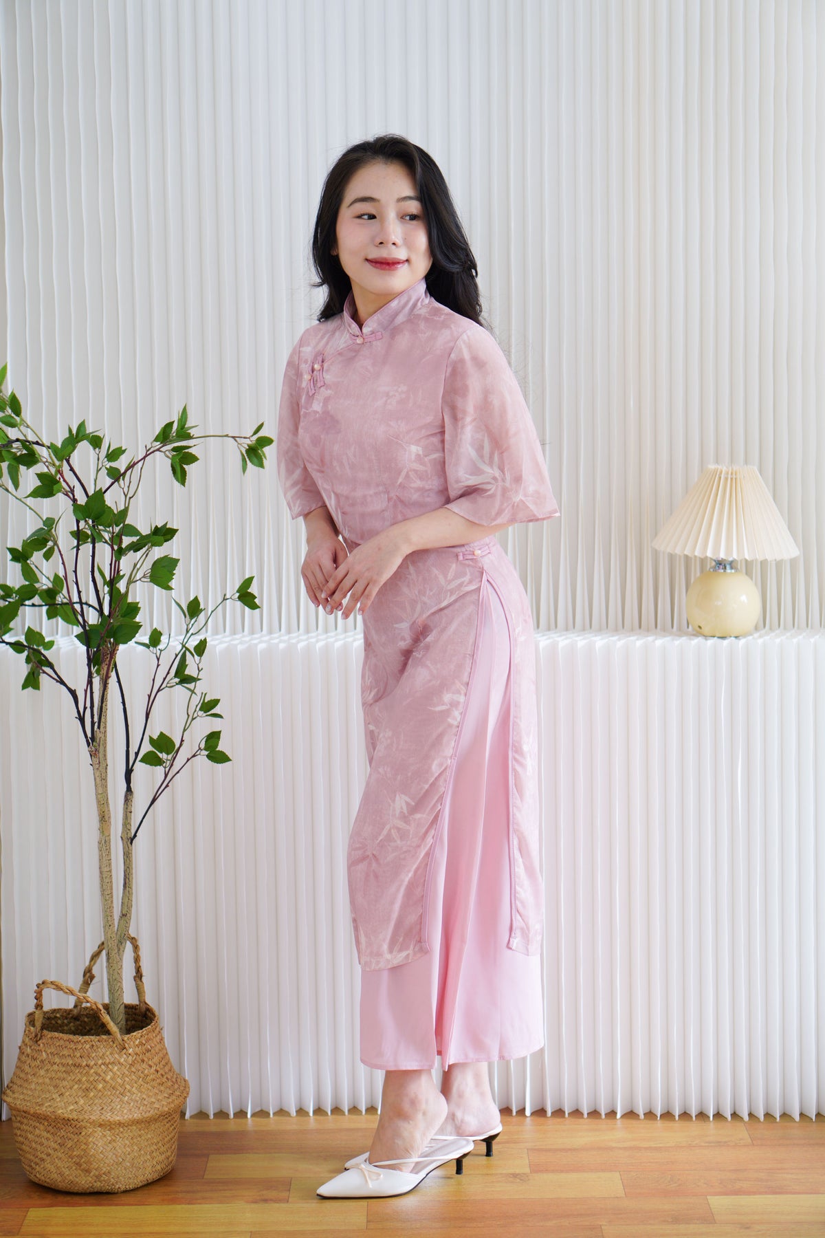 Rui Zhen Mid Sleeves Floral Layered Cheongsam Dress in Pink