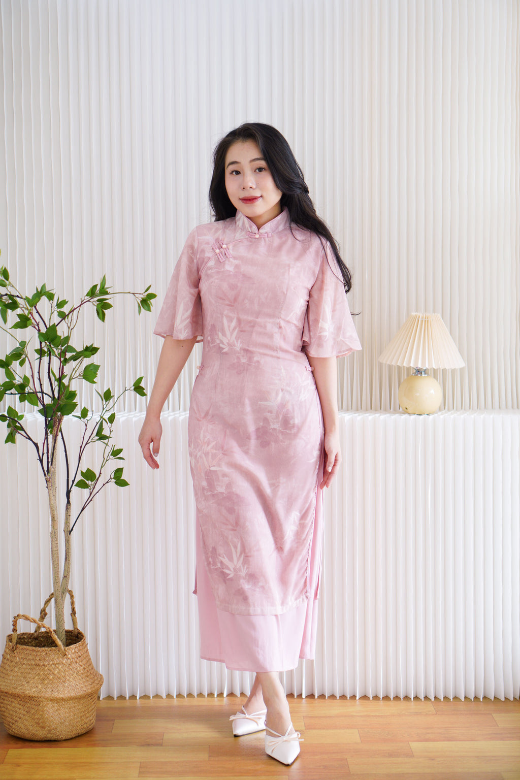 Rui Zhen Mid Sleeves Floral Layered Cheongsam Dress in Pink