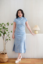 Xi Ning Short Sleeve Floral Maxi Cheongsam in Blue