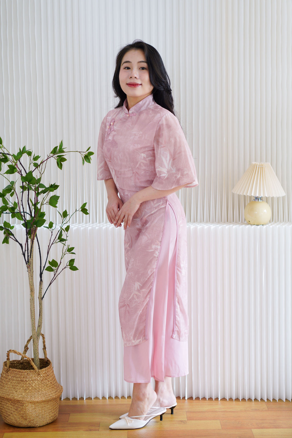 Rui Zhen Mid Sleeves Floral Layered Cheongsam Dress in Pink