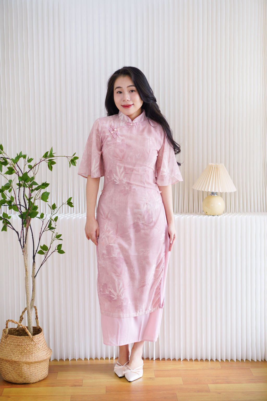 Rui Zhen Mid Sleeves Floral Layered Cheongsam Dress in Pink