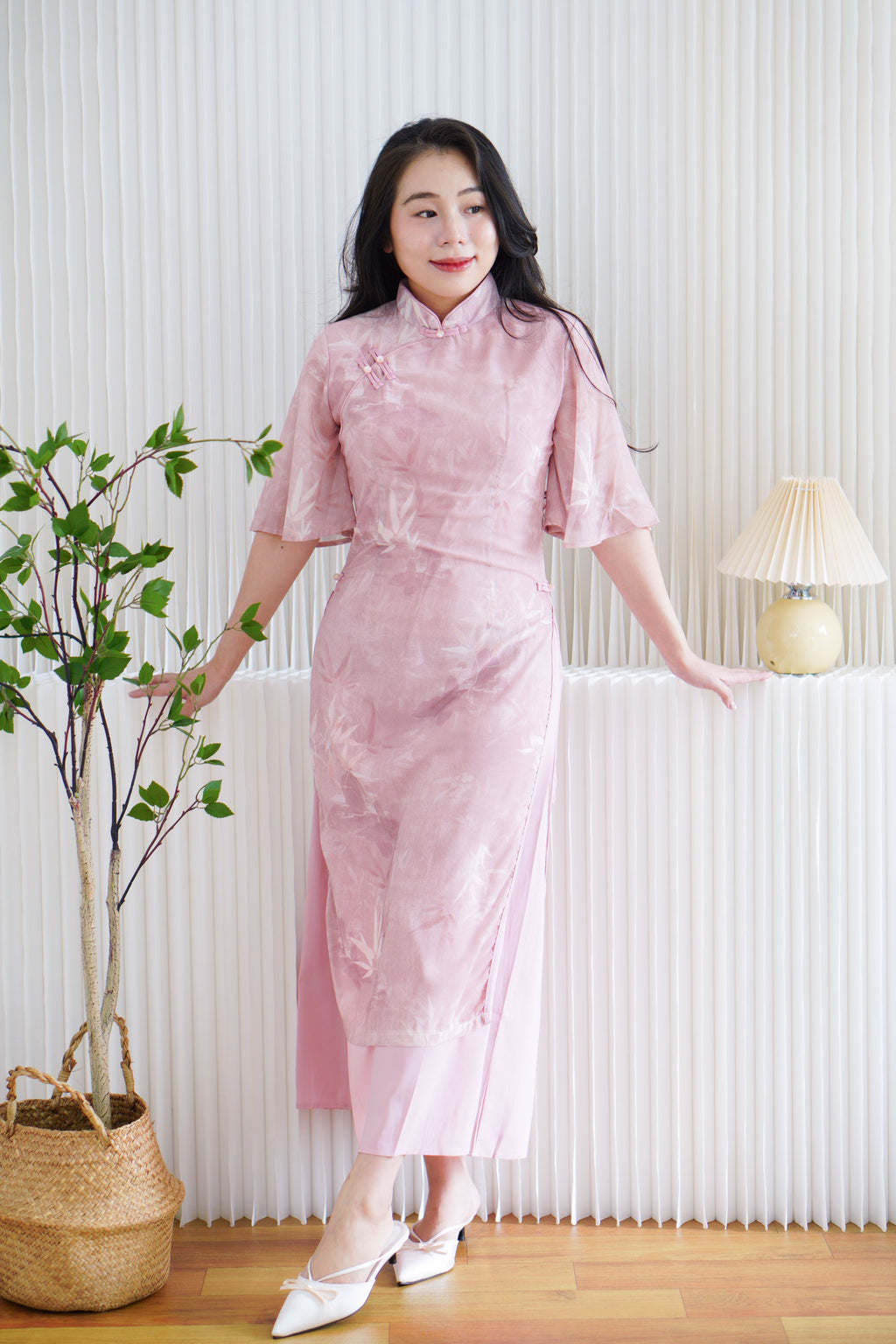 Rui Zhen Mid Sleeves Floral Layered Cheongsam Dress in Pink