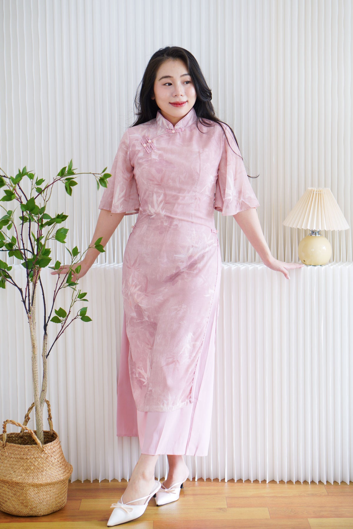 Rui Zhen Mid Sleeves Floral Layered Cheongsam Dress in Pink