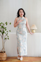 Jing Ya Halter Neck Floral Maxi Cheongsam in Light Green