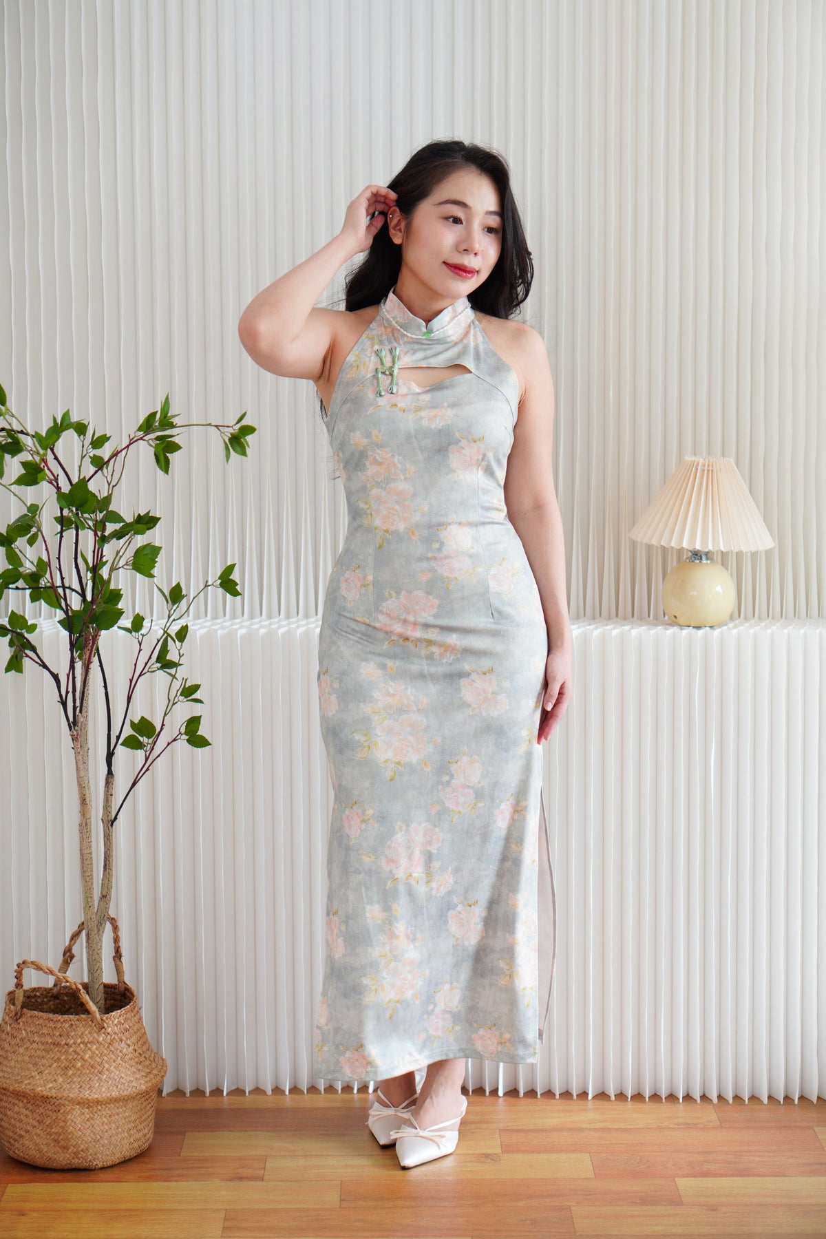 Jing Ya Halter Neck Floral Maxi Cheongsam in Light Green