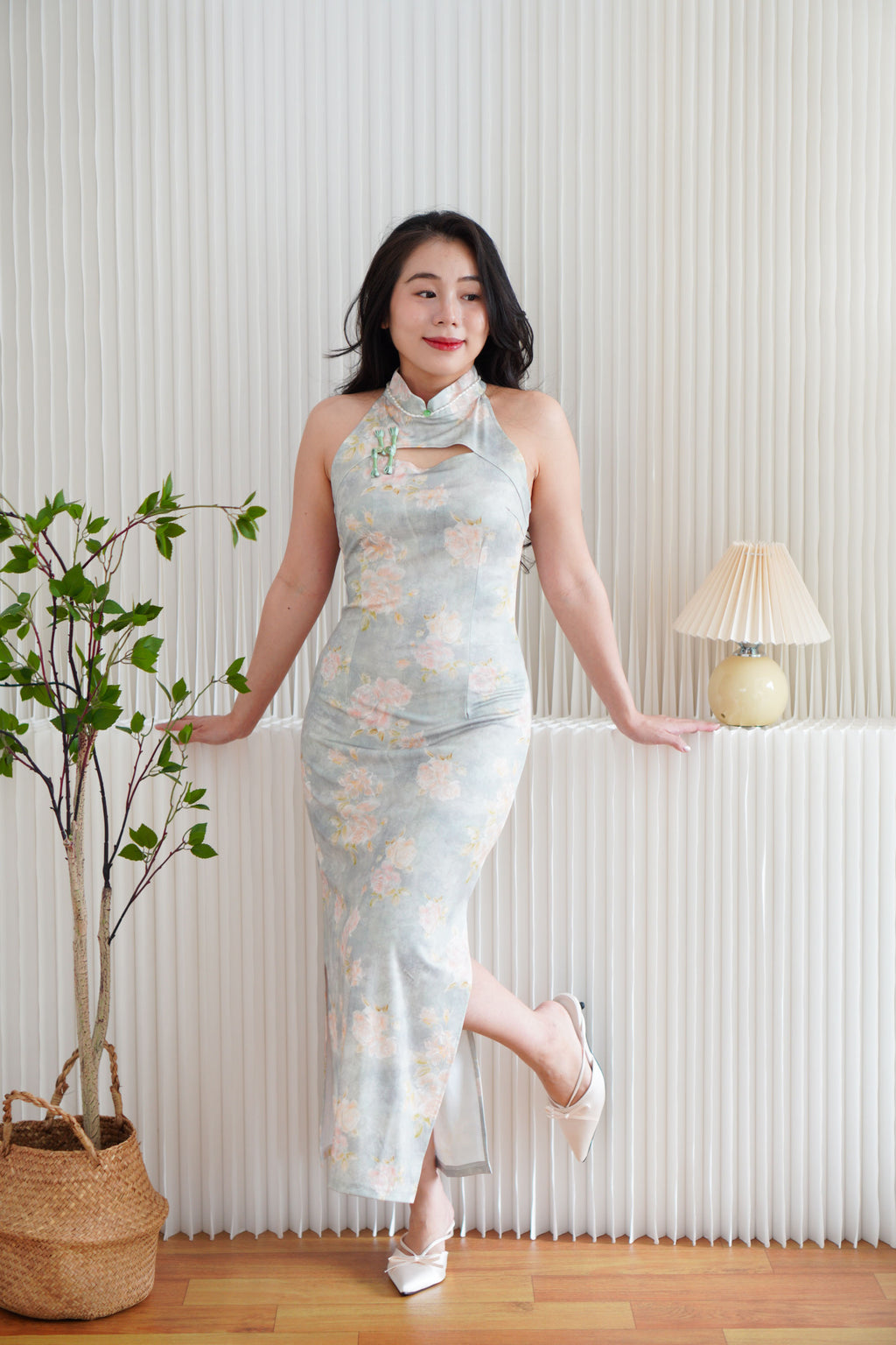 Jing Ya Halter Neck Floral Maxi Cheongsam in Light Green