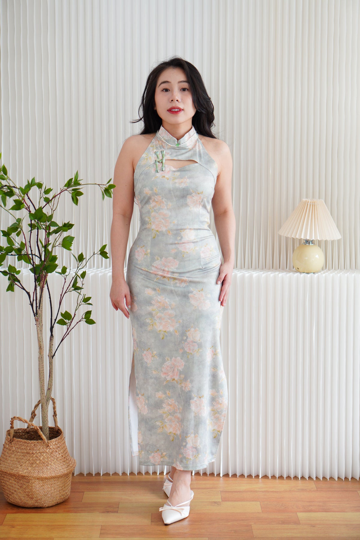 Jing Ya Halter Neck Floral Maxi Cheongsam in Light Green