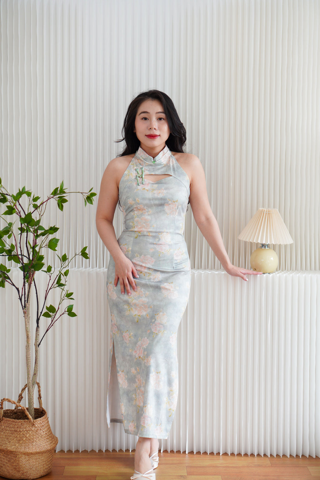 Jing Ya Halter Neck Floral Maxi Cheongsam in Light Green