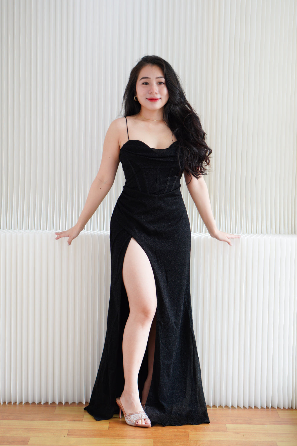 Kael Cowl Neck Padded Glitter Bodycon Maxi Dress with High Slit in Black