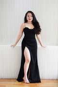 Kael Cowl Neck Padded Glitter Bodycon Maxi Dress with High Slit in Black