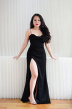 Kael Cowl Neck Padded Glitter Bodycon Maxi Dress with High Slit in Black