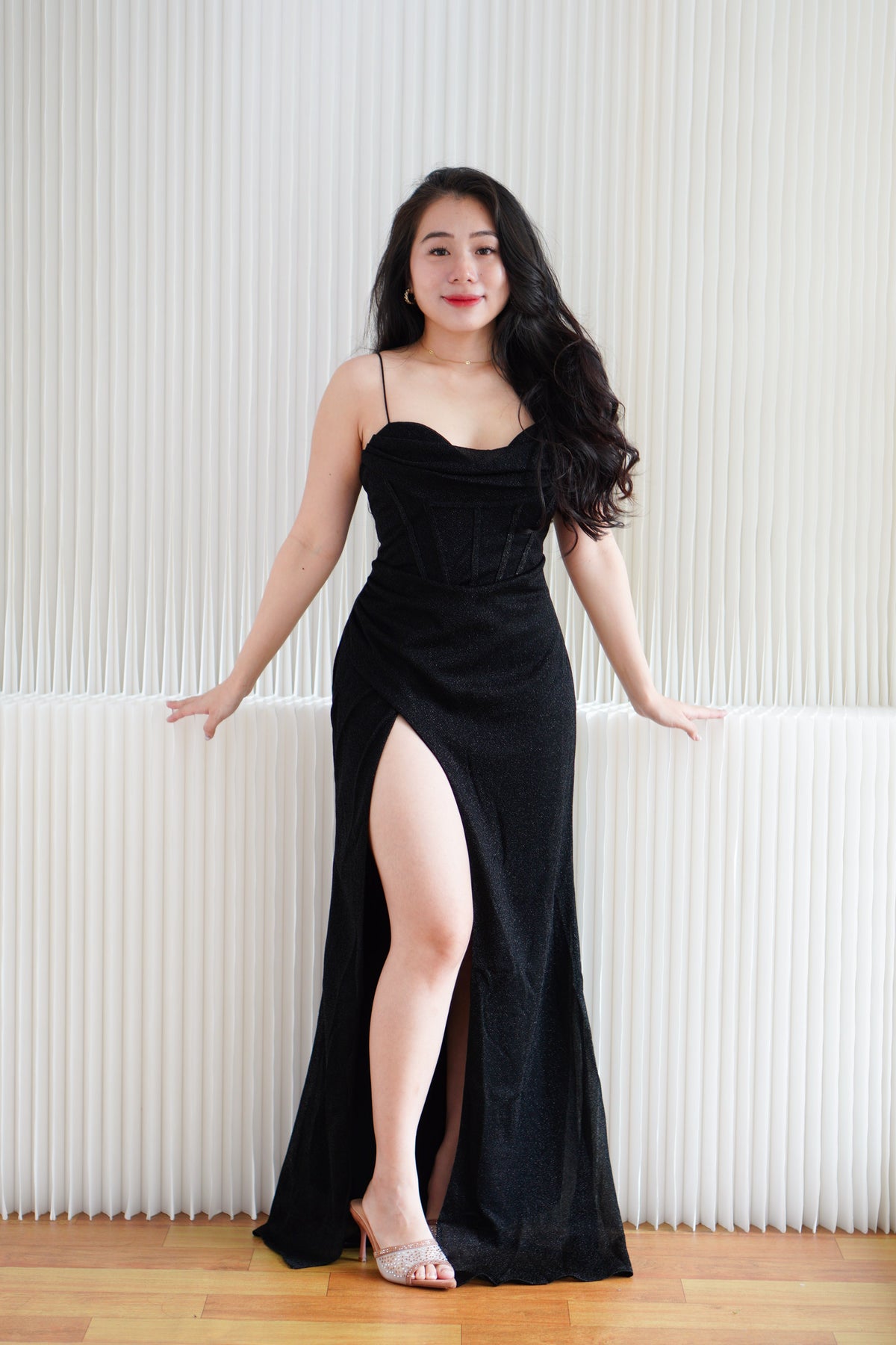 Kael Cowl Neck Padded Glitter Bodycon Maxi Dress with High Slit in Black