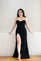 Kael Cowl Neck Padded Glitter Bodycon Maxi Dress with High Slit in Black