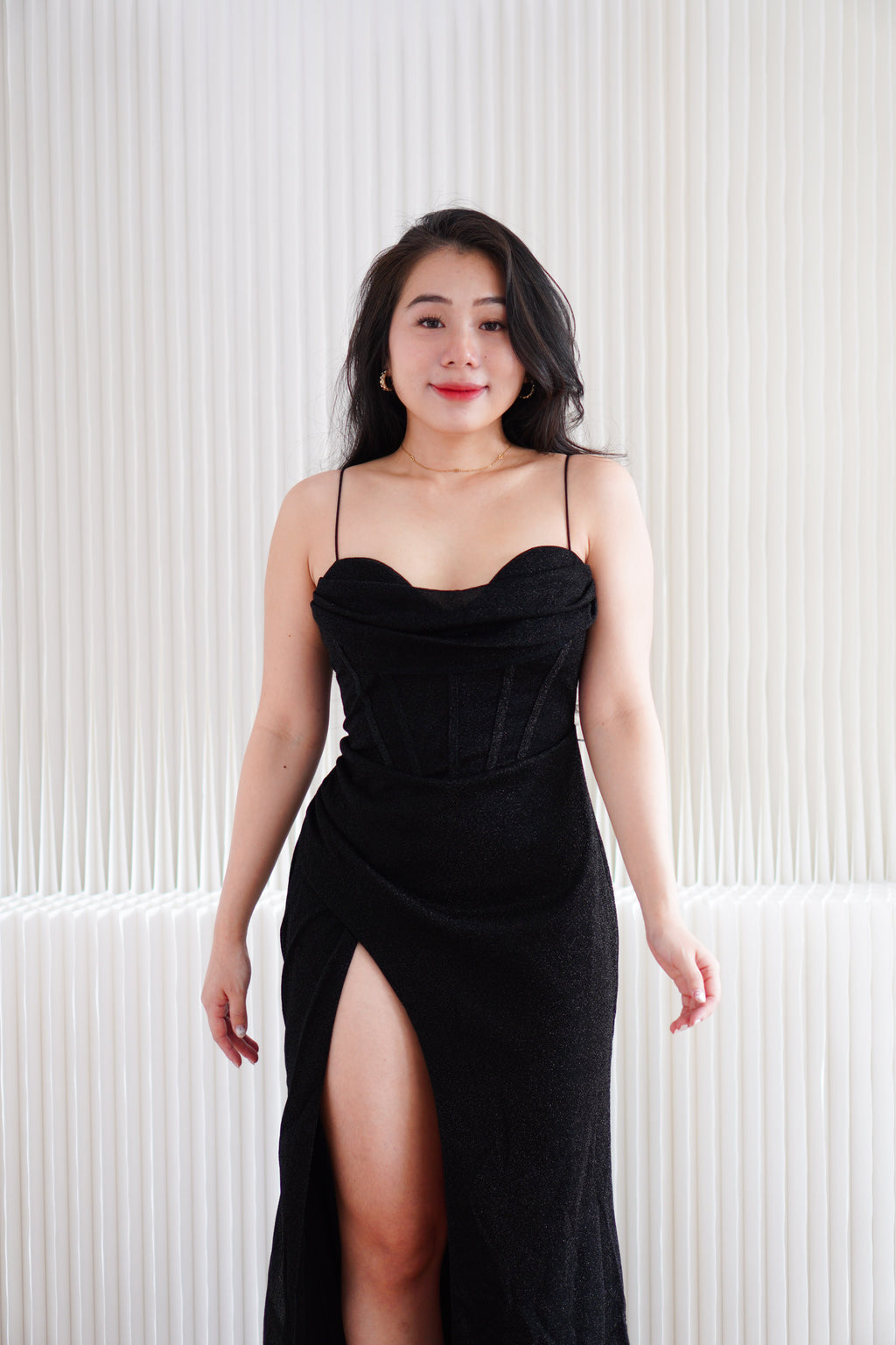 Kael Cowl Neck Padded Glitter Bodycon Maxi Dress with High Slit in Black