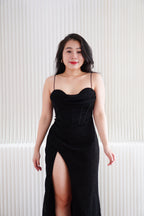 Kael Cowl Neck Padded Glitter Bodycon Maxi Dress with High Slit in Black