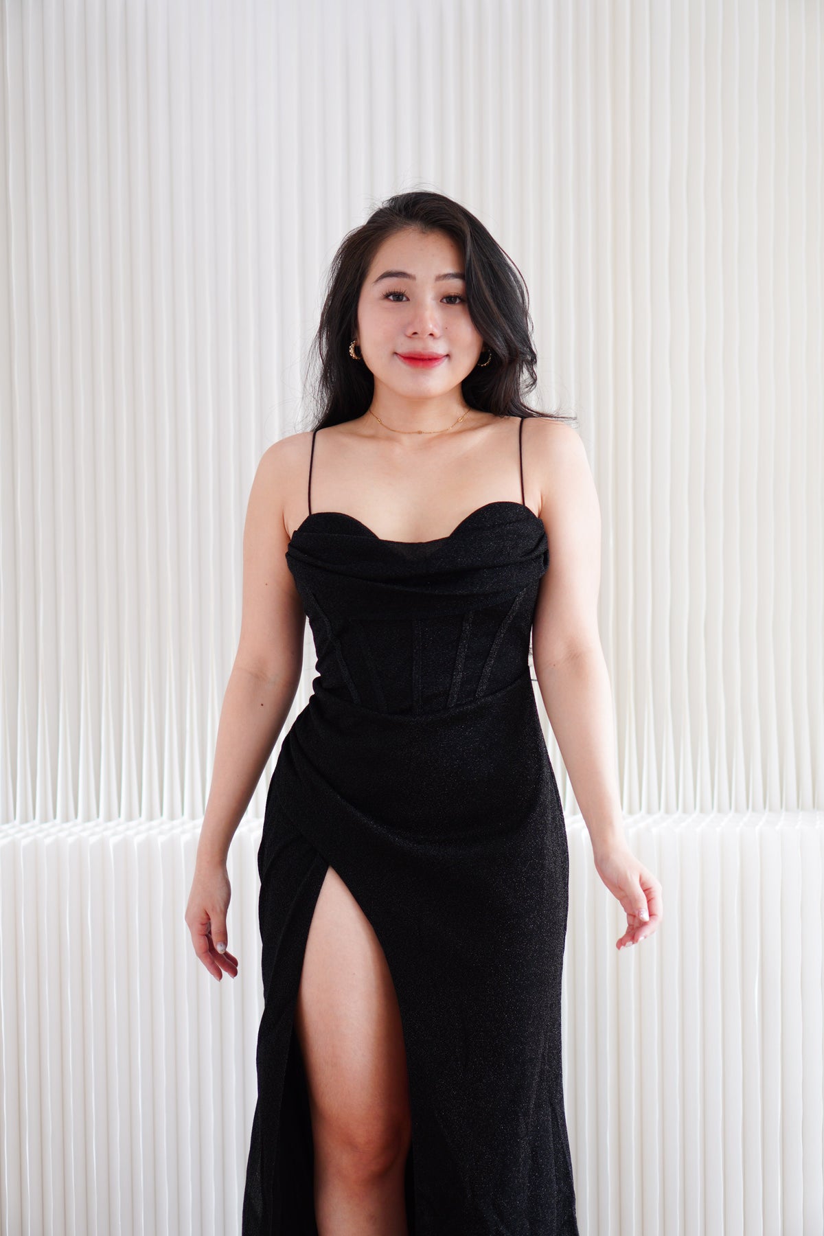 Kael Cowl Neck Padded Glitter Bodycon Maxi Dress with High Slit in Black