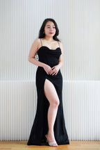 Kael Cowl Neck Padded Glitter Bodycon Maxi Dress with High Slit in Black