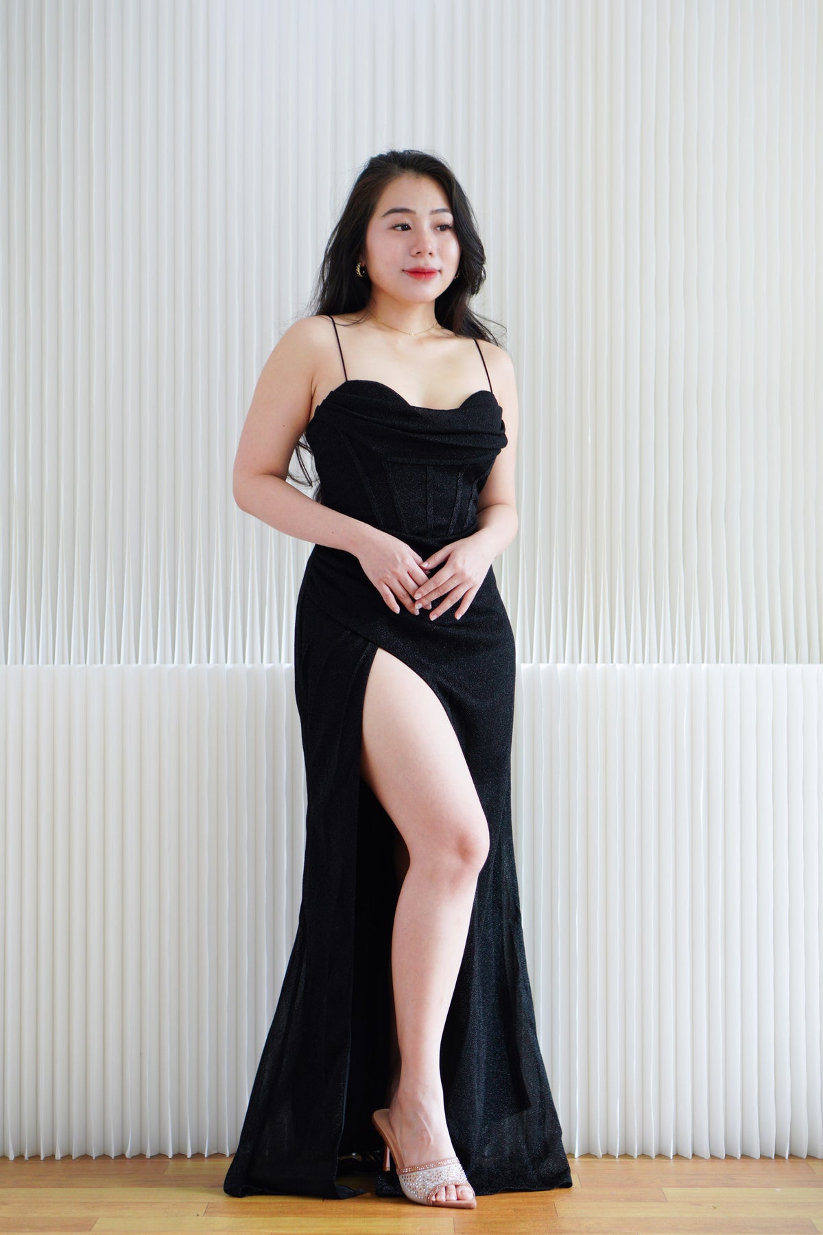 Kael Cowl Neck Padded Glitter Bodycon Maxi Dress with High Slit in Black