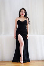 Kael Cowl Neck Padded Glitter Bodycon Maxi Dress with High Slit in Black