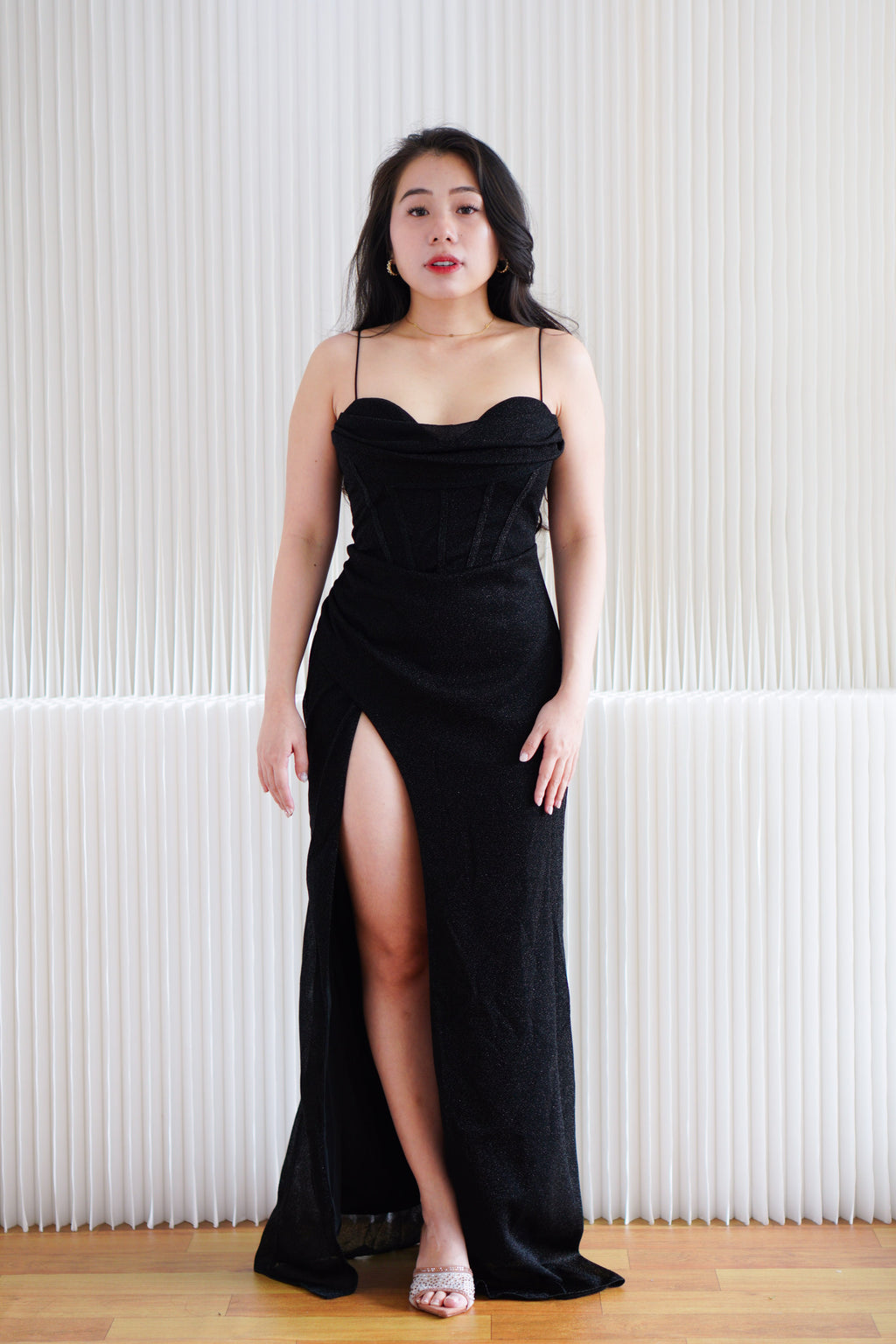 Kael Cowl Neck Padded Glitter Bodycon Maxi Dress with High Slit in Black