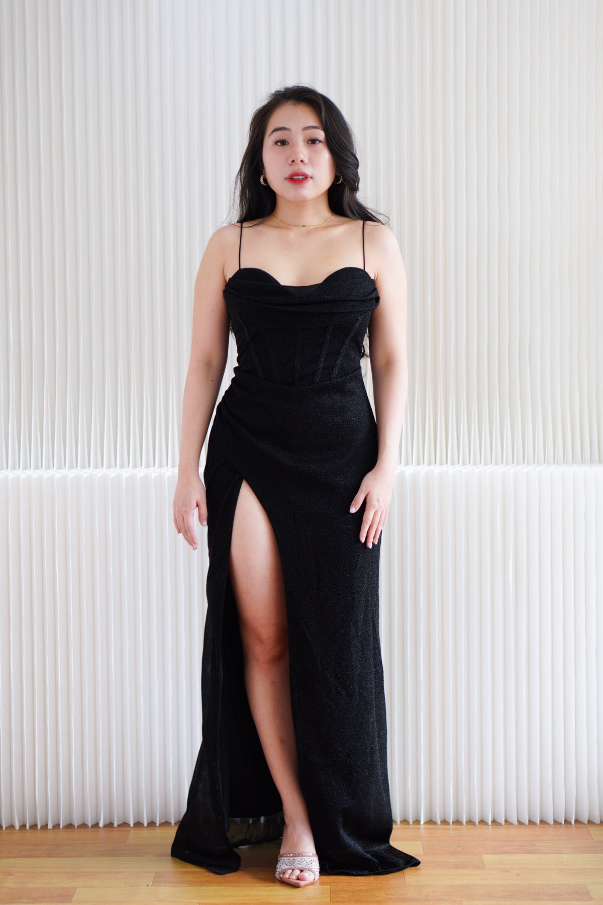 Kael Cowl Neck Padded Glitter Bodycon Maxi Dress with High Slit in Black