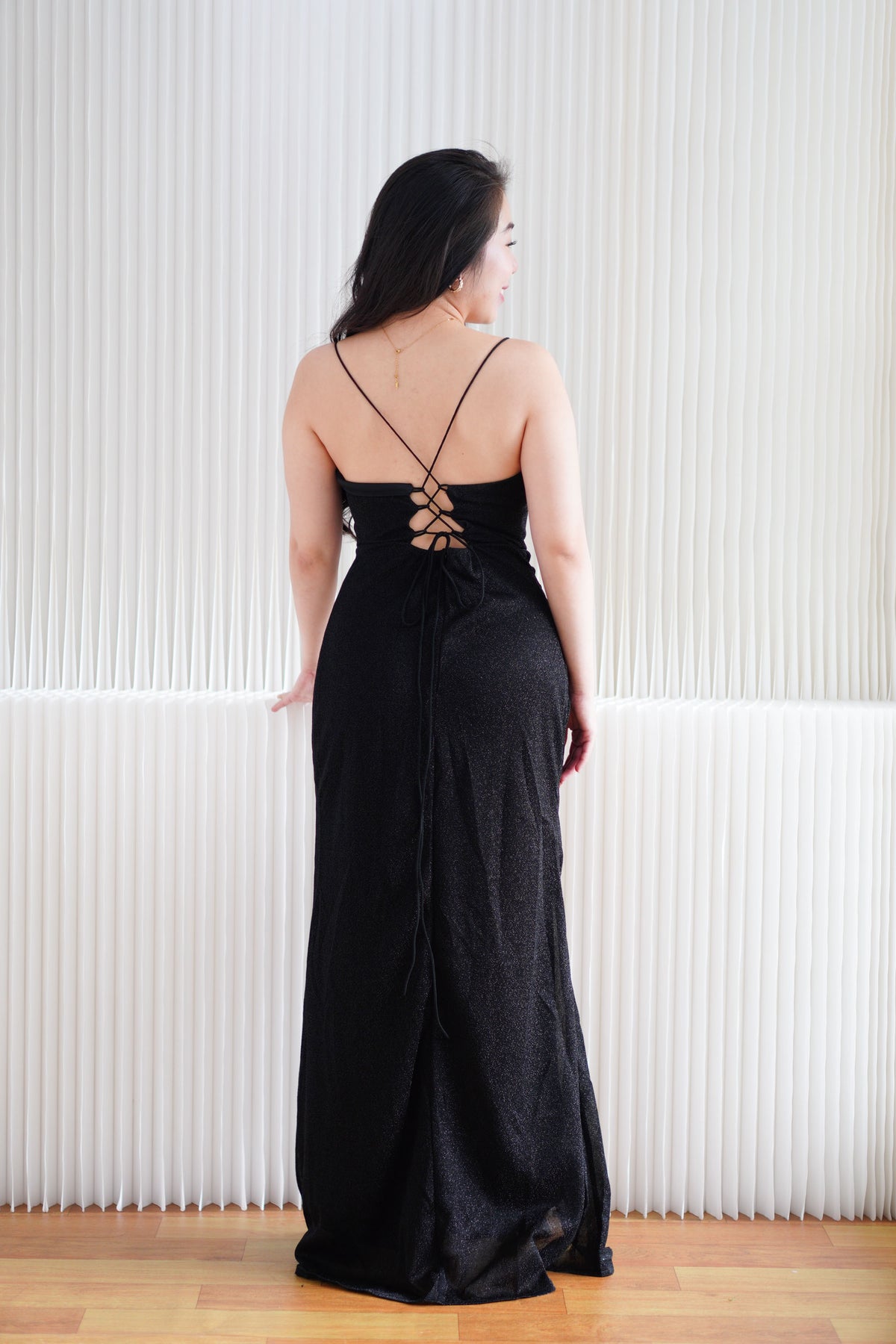 Kael Cowl Neck Padded Glitter Bodycon Maxi Dress with High Slit in Black