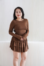 Vrae Long Sleeve Layered Ruffles Mini Dress in Brown