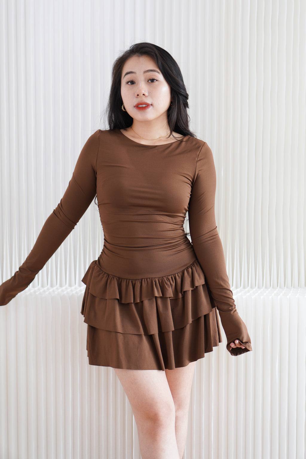 Vrae Long Sleeve Layered Ruffles Mini Dress in Brown
