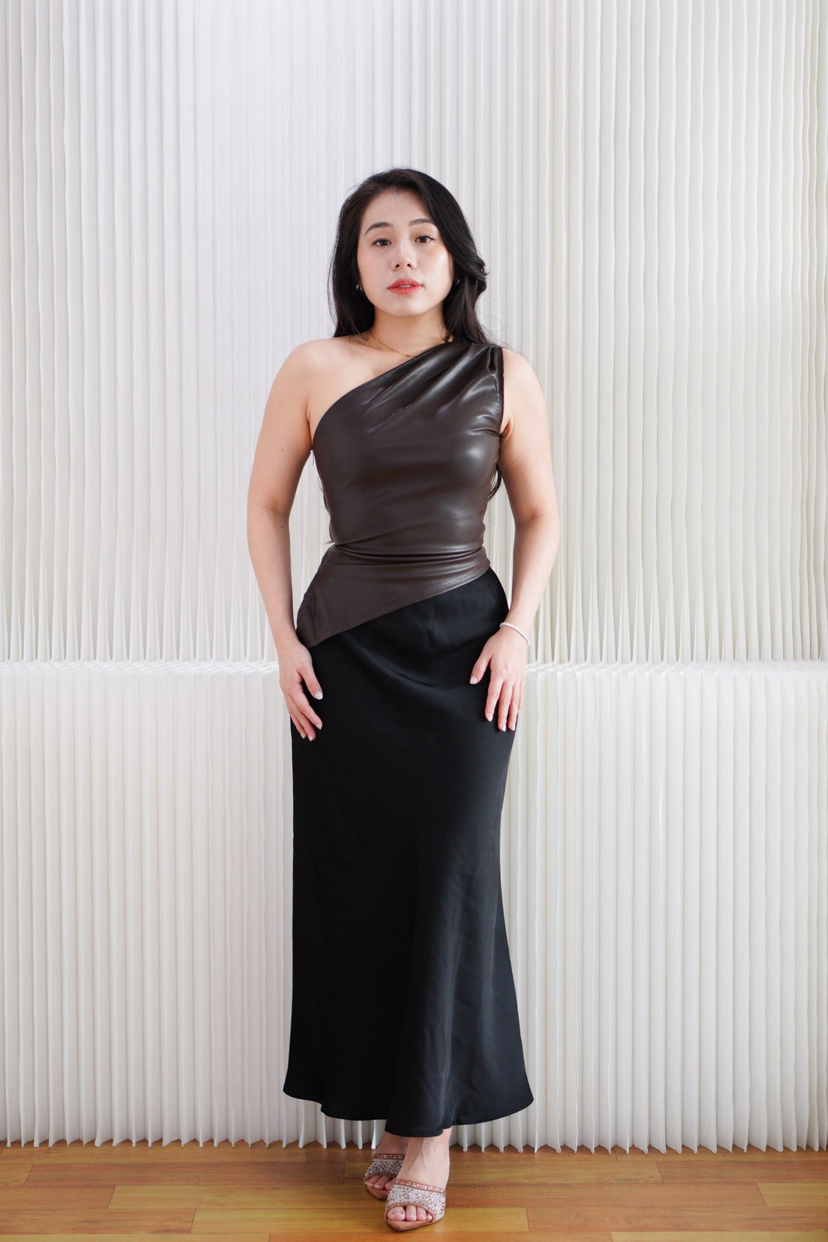 BASH x NELOIRE - Nel Faux Leather Toga Top in Brown