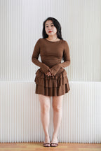 Vrae Long Sleeve Layered Ruffles Mini Dress in Brown