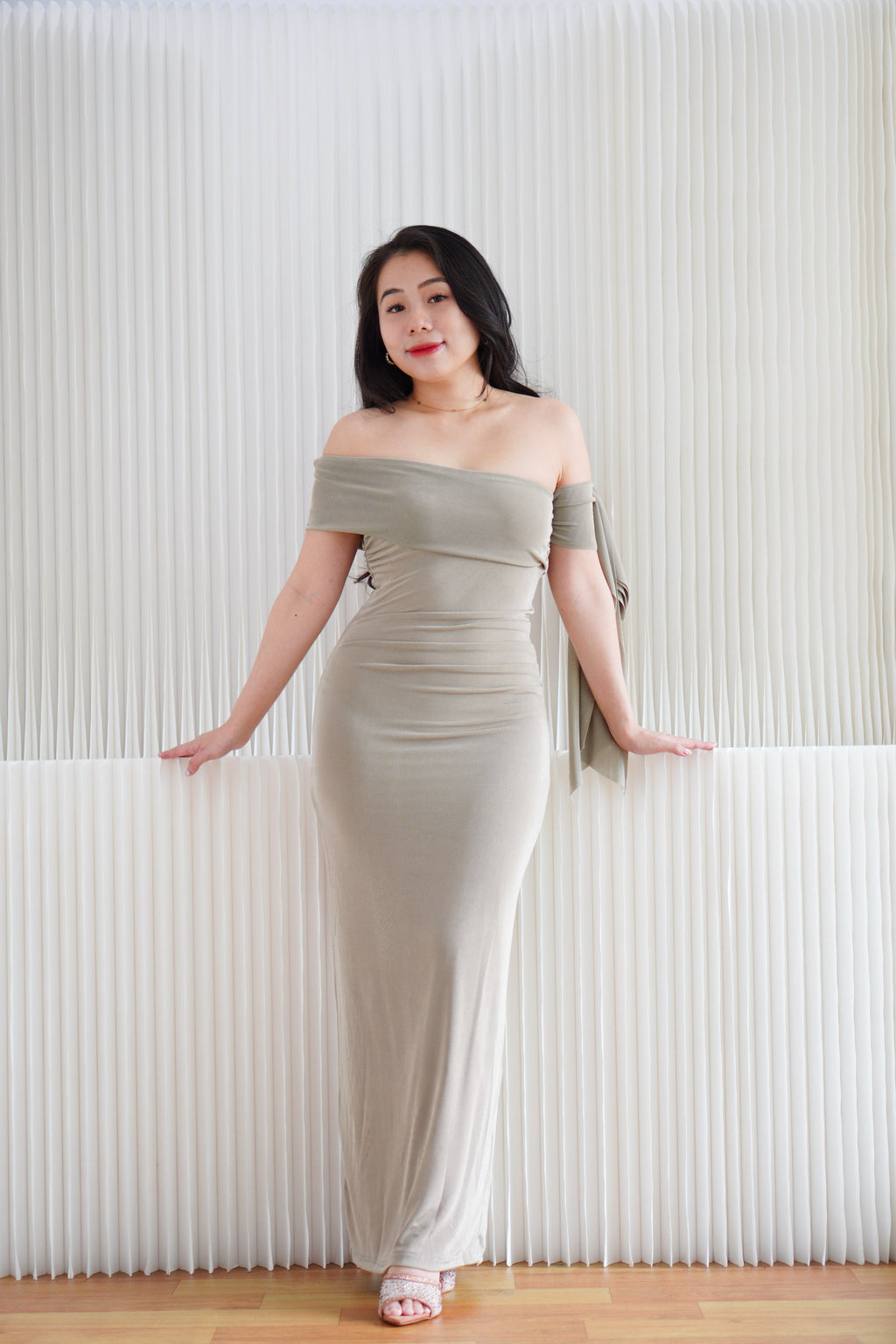 Feraya Off Shoulder Bodycon Maxi Dress in Taupe Khaki