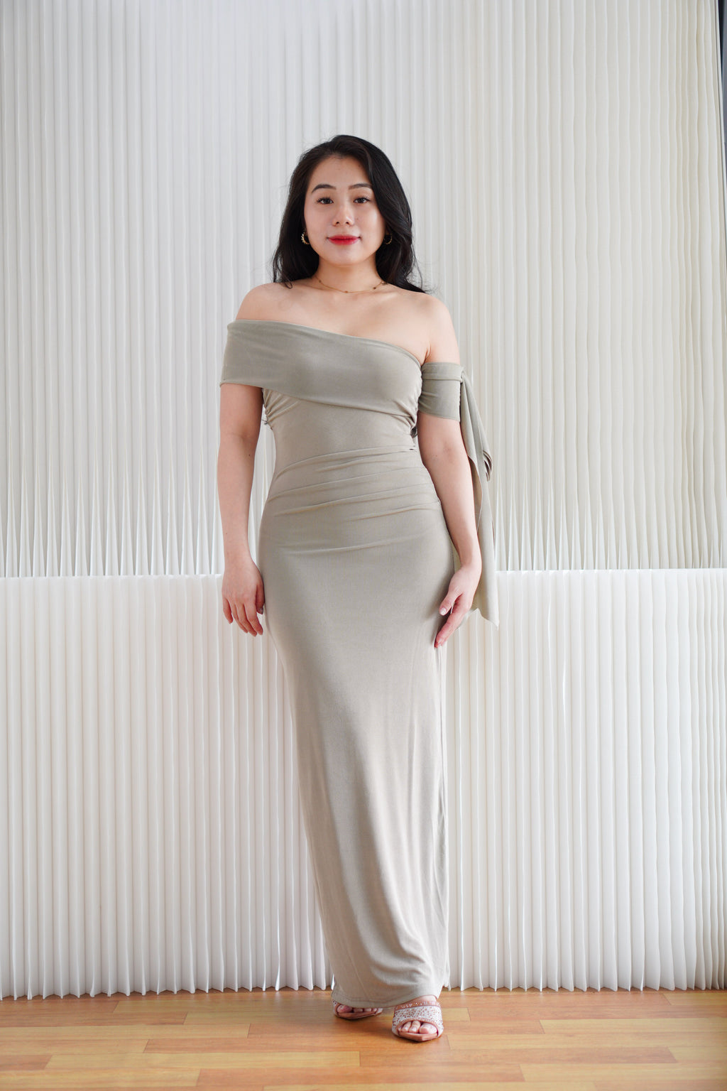 Feraya Off Shoulder Bodycon Maxi Dress in Taupe Khaki