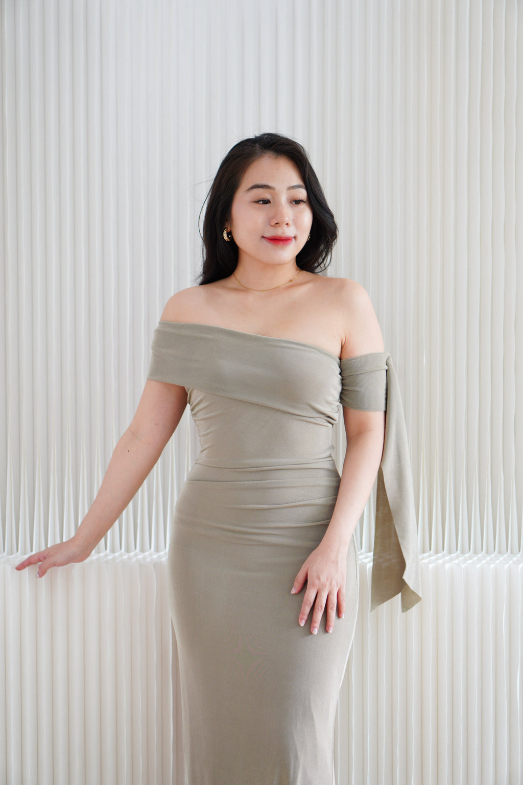 Feraya Off Shoulder Bodycon Maxi Dress in Taupe Khaki