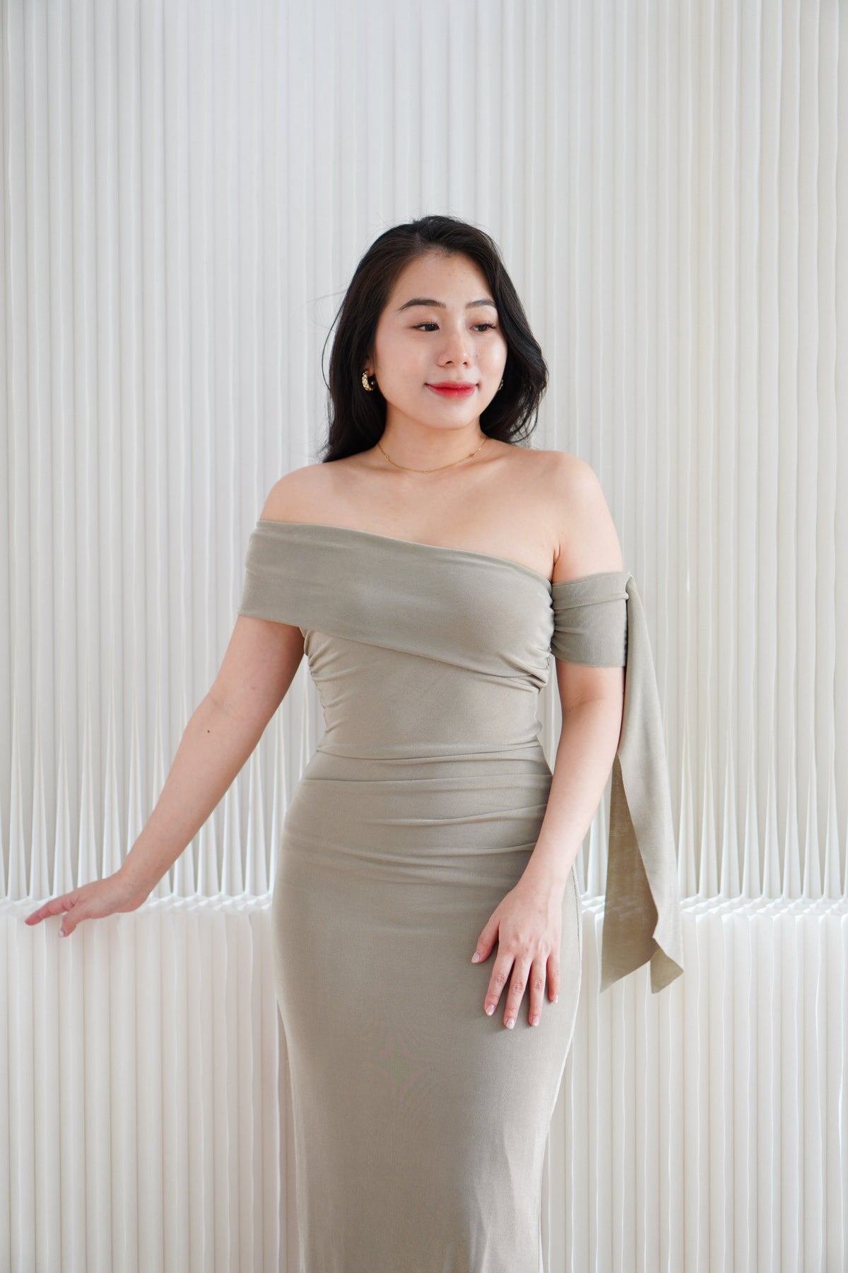 Feraya Off Shoulder Bodycon Maxi Dress in Taupe Khaki