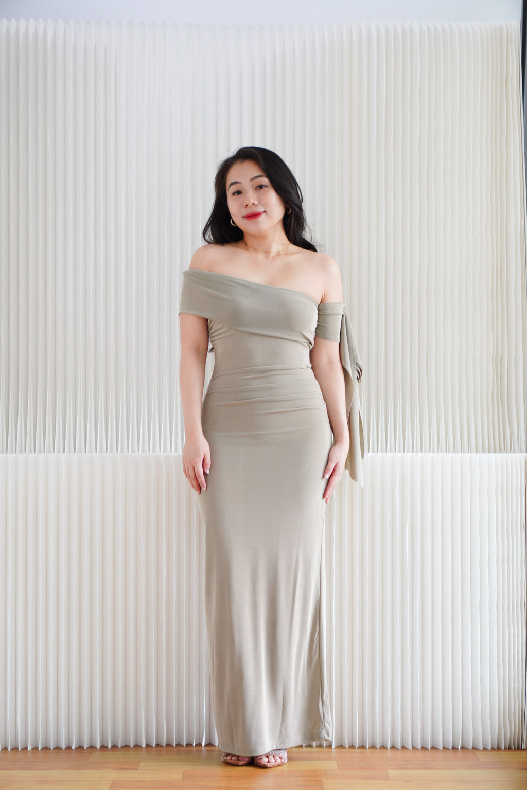 Feraya Off Shoulder Bodycon Maxi Dress in Taupe Khaki