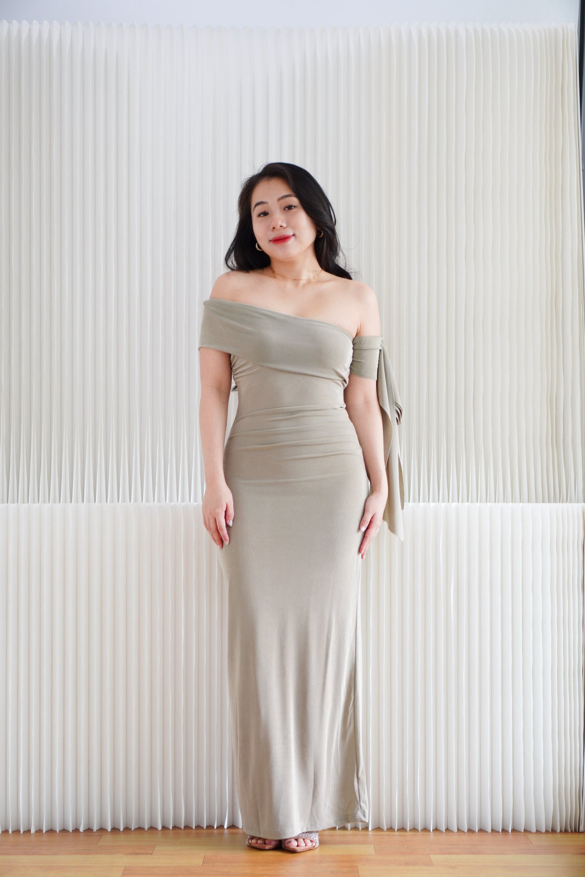 Feraya Off Shoulder Bodycon Maxi Dress in Taupe Khaki