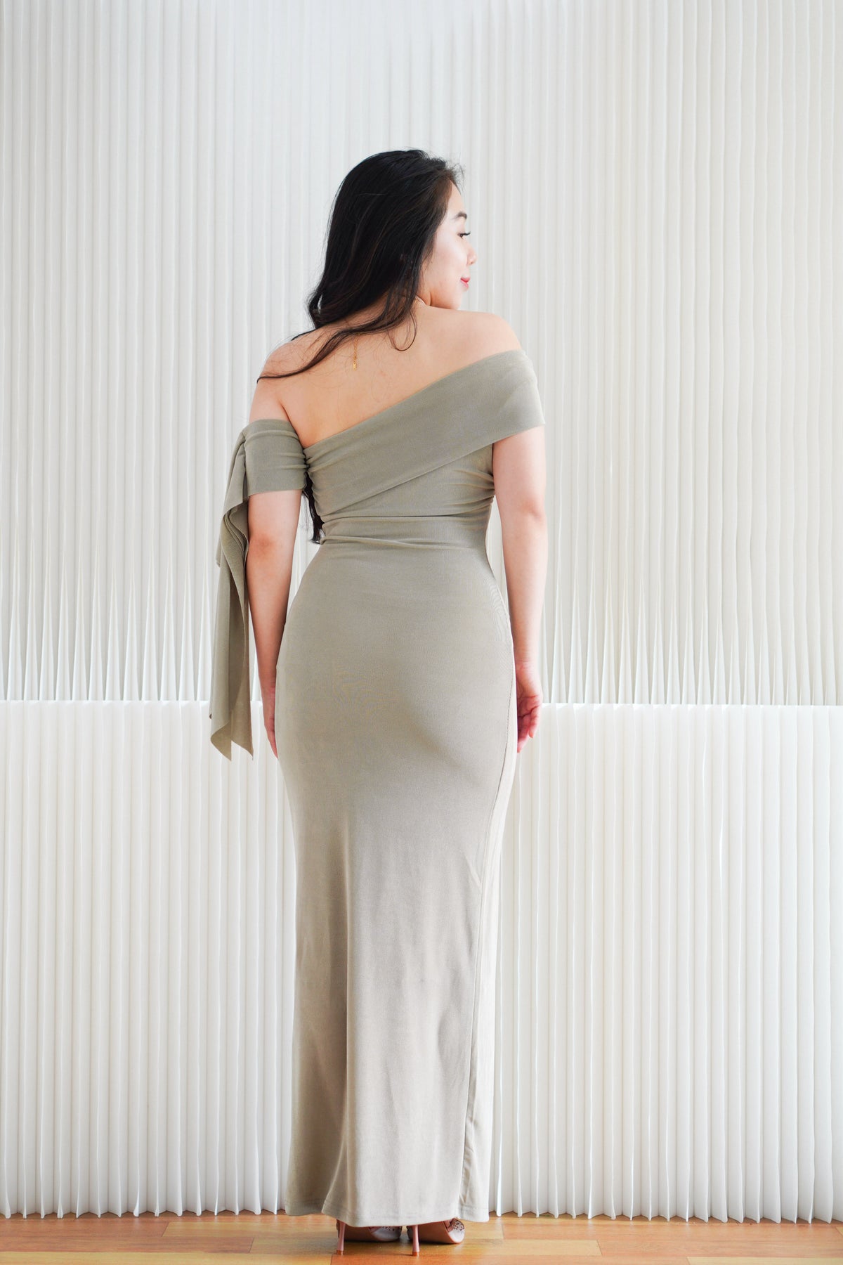 Feraya Off Shoulder Bodycon Maxi Dress in Taupe Khaki