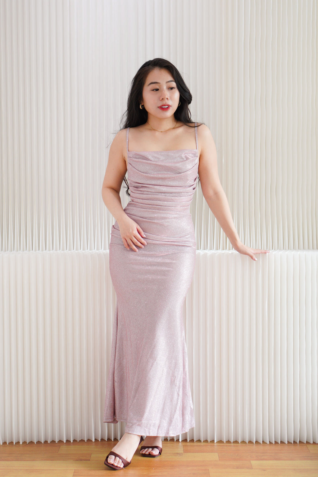 Lunara Cowl Neck Glitter Bodycon Maxi Dress in Pink