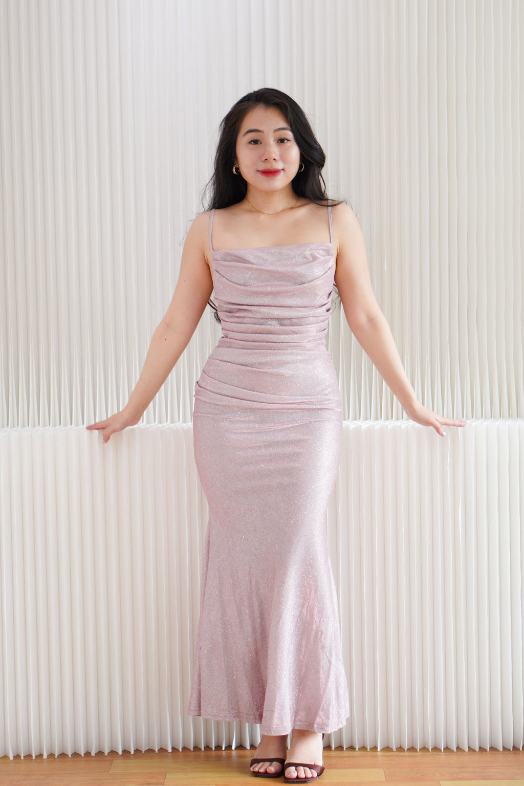 Lunara Cowl Neck Glitter Bodycon Maxi Dress in Pink