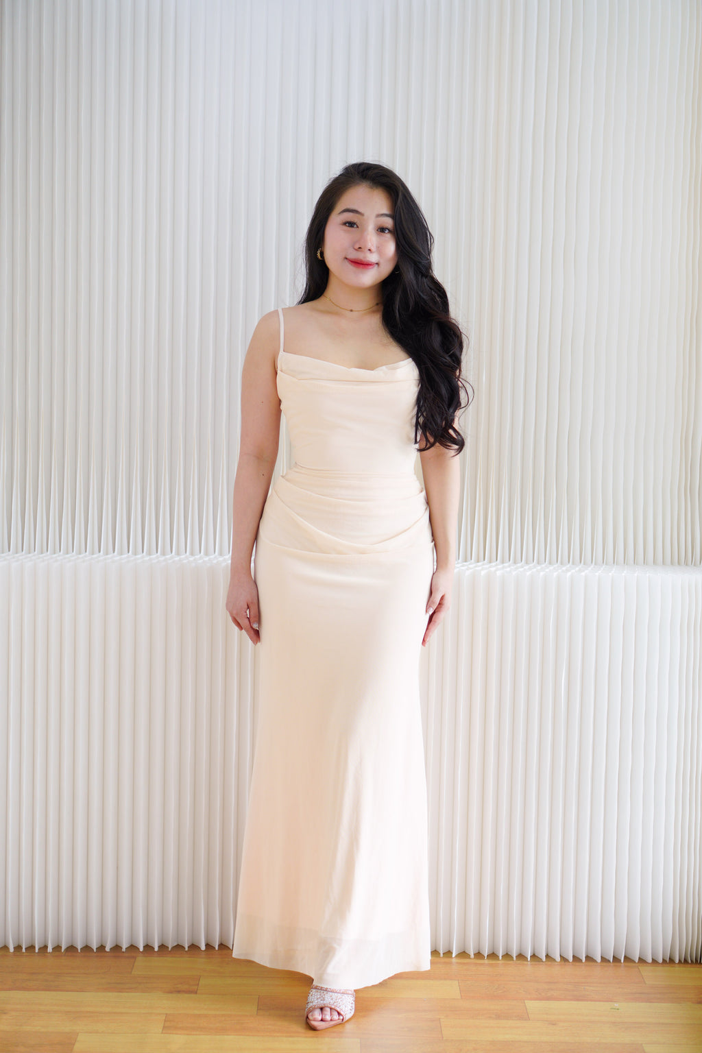 Astri Cowl Neck Mesh Bodycon Maxi Dress in Cream