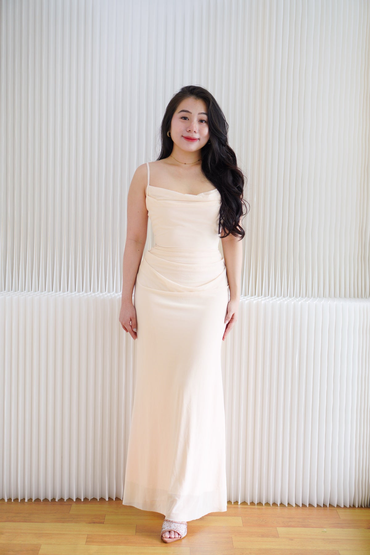 Astri Cowl Neck Mesh Bodycon Maxi Dress in Cream