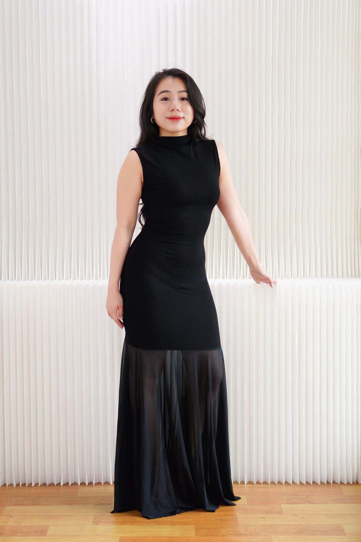 Leotara High Neck Semi Sheer Maxi Dress in Black