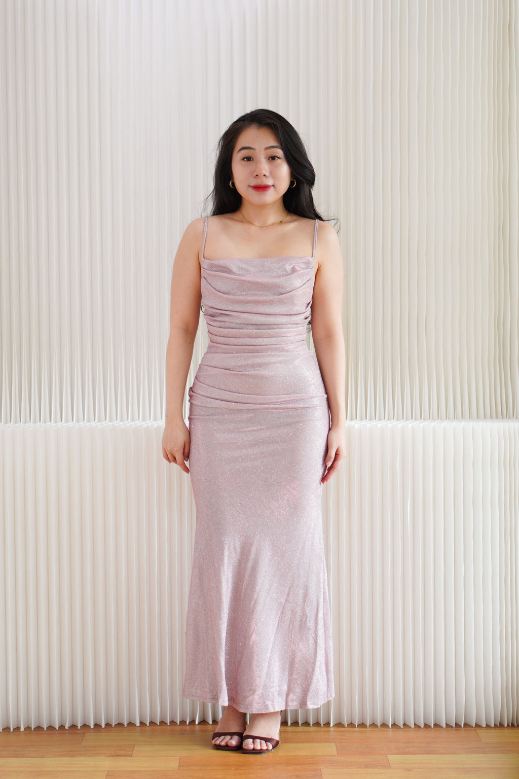 Lunara Cowl Neck Glitter Bodycon Maxi Dress in Pink