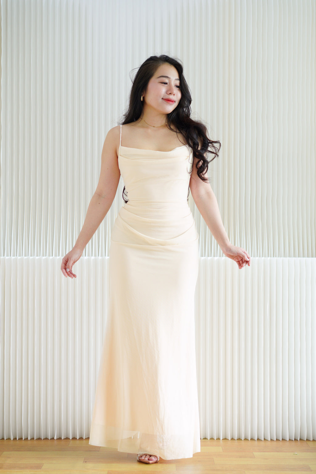 Astri Cowl Neck Mesh Bodycon Maxi Dress in Cream