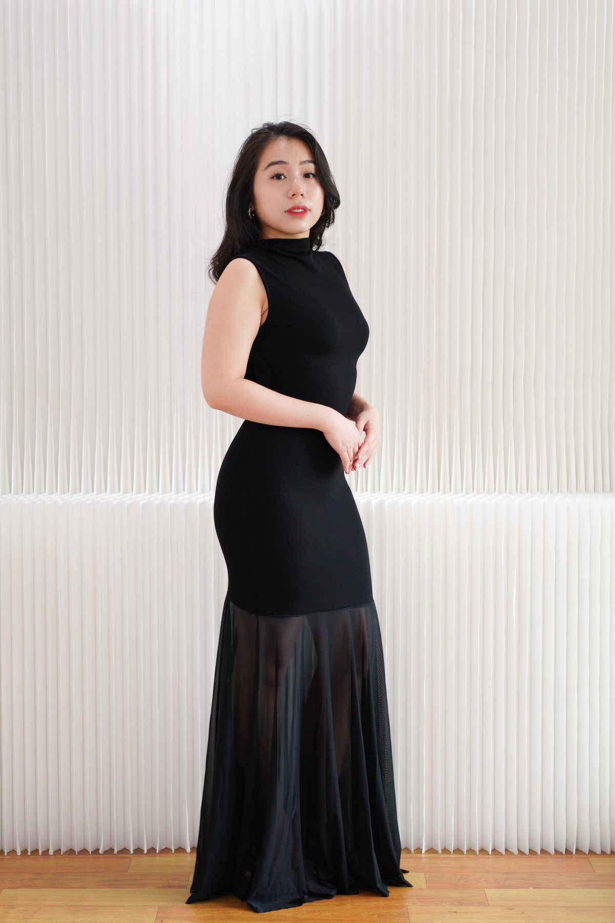 Leotara High Neck Semi Sheer Maxi Dress in Black
